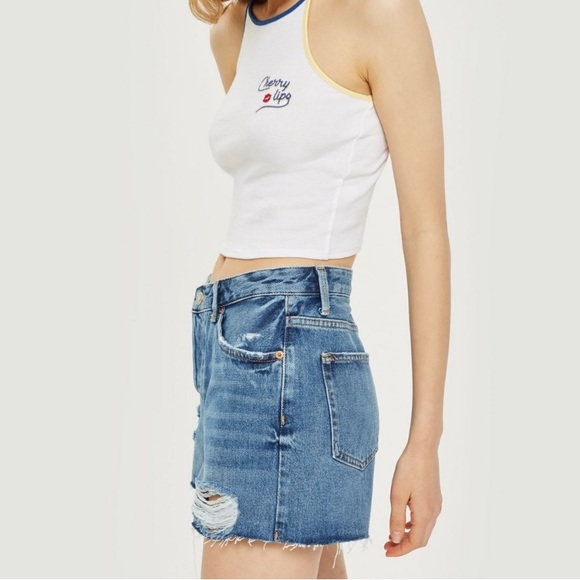 Topshop Ashley Ripped Boyfriend Button Up High Waisted Blue Shorts Holes Raw Hem - Picture 8 of 15